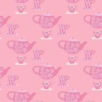 Traditional seamless pattern with doodle tea ceremony elements. Pink palette cafe print. vector