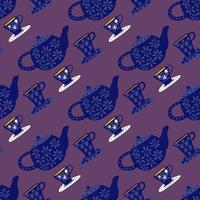 Dark seamless tea ceremony pattern. Doodle elements in navy blue color on purple background. vector