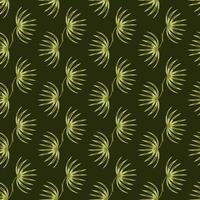 Nature doodle seamless pattern with olive little tropic bush silhouettes. Dark green background. Simple style. vector