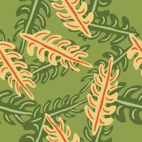 Random botanic seamless exotic foliage pattern with leaf branches shapes. Green and orange palette print. vector