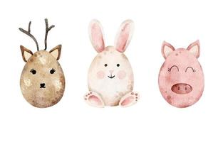 Set of painted animal easter eggs. Watercolor illustration. vector