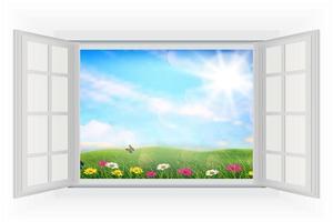 Open window beautifully spring meadow colorful flowers vector