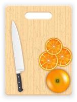rodajas de naranja y cuchillo en la tabla de cortar vector