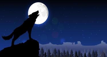 Silhouette of a wolf standing on a hill at night vector