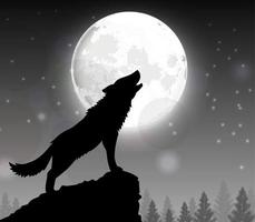 Silhouette of a wolf standing on a hill at night with moon vector