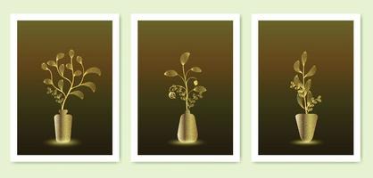 collection of luxury botanical line art with vase. gold leaf design. use for print art, covers, posters, wall art vector