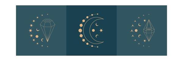 collection of diamond and crescent monoline logo in boho style vector