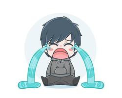 Cute boy wearing hoodie with crying expression cartoon illustration vector