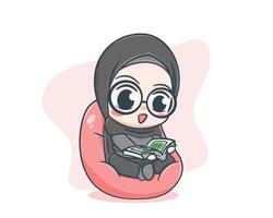 Cute muslim girl reading Quran in ramadan cartoon illustration vector
