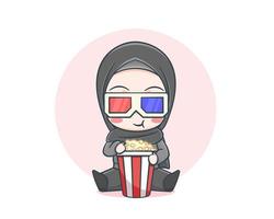 Cute muslim girl wearing sweater with popcorn cartoon illustration vector