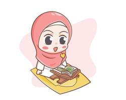 Cute muslim girl reading Quran in ramadan cartoon illustration vector