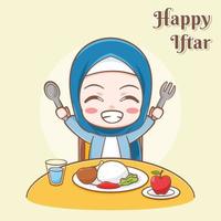 Happy iftar greeting card with a cute girl having meals cartoon illustration vector