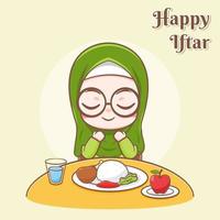 Happy iftar greeting card with a cute girl praying for having meals cartoon illustration vector