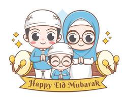 Eid mubarak greeting card with cute muslim family cartoon illustration vector