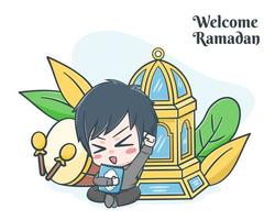 Ramadan greeting card with cute boy cartoon illustration vector