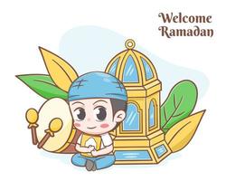 tarjeta de felicitación de ramadán con ilustración de dibujos animados de chico lindo vector