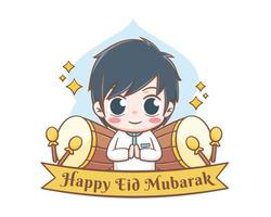 Eid mubarak greeting card with cute muslim boy cartoon illustration vector