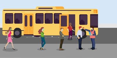 Passengers are checked for temperature before riding the bus. And each person will wear a mask to prevent the spread of coronavirus. vector