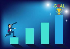 The businessman confidently walks up the bar graph to reach his goal. The destination of victory for success Leadership concept Ladder to business success vector illustration