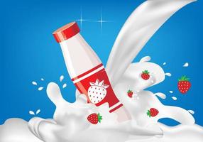 Milk is scattered around round plastic bottles with red strawberries inserted in the water. Product sales concept vector