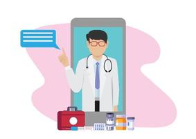 consulta con un paciente con un médico a través de soporte médico en línea para teléfonos inteligentes vector