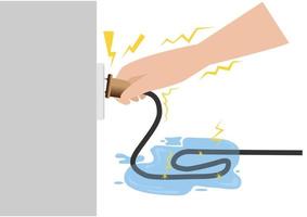 no toque el cable de alimentación cuando el cable de alimentación esté inundado en el suelo. porque puede haber una corriente de fuga. vector de ilustración de dibujos animados de estilo plano