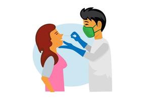 The patient's doctor examines the corona virus using a cotton bud and takes the infection for a test. vector illustration