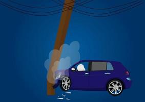 icono de accidente automovilístico choca con el poste eléctrico al lado de la vista lateral de la carretera vector de ilustración de dibujos animados de estilo plano