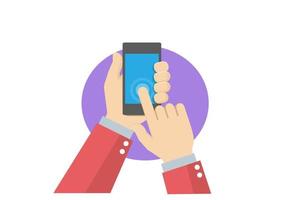 Hold a phone with a blank blue screen Finger press, touch, command one Ideas about buying food, clothing, delivery, ordering from hotels, messages online.  Flat style cartoon illustration vector