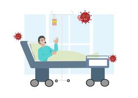 Character young man sick infected with coronavirus lying in bed bedroom interior quarantine medical treatment. Flat style cartoon illustration vector