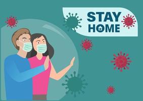 Stay home, stop the spread of the coronavirus, men and women under protective sign glass cover.  Flat style cartoon illustration vector