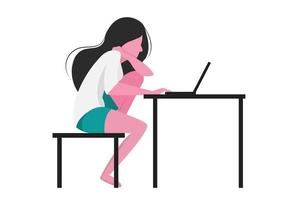 A woman sitting at home with a laptop isolated on white background.Illustration of ideas for independent work, study, work from home. Vector illustration in flat cartoon style