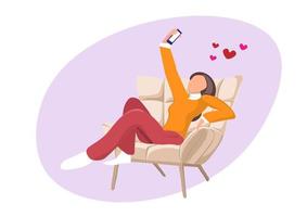 A beautiful woman taking a selfie with a relaxing posture on a round sofa. From a mobile phone Flat style cartoon illustration vector