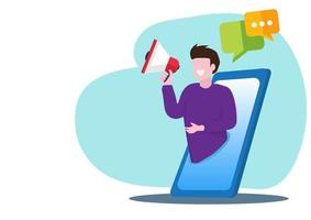 mobile advertising concept Businessman or manager talking through megaphone Pop-up notification on mobile phone or smartphone screen. Advertising campaign. Vector illustration in flat style.