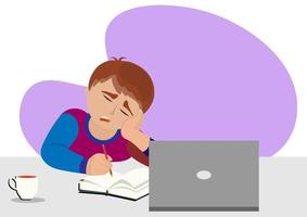 Tired boy doing his homework on his laptop at night and falling asleep. online learning Student lifestyle during covid quarantine. Flat style cartoon illustration vector