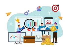 Business teams analyze data using financial charts and dashboards, landing page ideas for business and financial development investments. flat style cartoon illustration vector