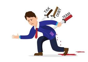 Businessmen have tax problems, debts, lack of business liquidity. Male character stabbed in the back with a knife bleeding. Flat style cartoon illustration vector. vector