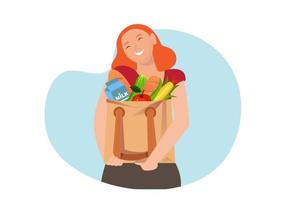 una mujer sostiene una bolsa textil con verduras en las manos. compras de productos orgánicos. Di no al plástico. Consumo sin residuos y ahorro del medio ambiente. concepto ecológico. ilustración plana vectorial vector