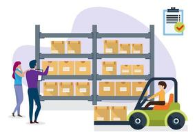 Storage boxes in warehouse store. Distribution and Delivery Storage concept. Man and woman are checking list, forklift driver picking up palette of boxes. Flat style cartoon illustration vector