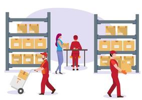Storage box in warehouse, logistics concept, recruiting male staff Young woman holding a box, standing in contact with a female employee. vector illustration cartoon flat style