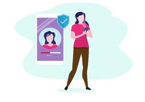 Woman using mobile phone, with code is to scan face on big smartphone screen, security concept, flat style cartoon vector illustration.