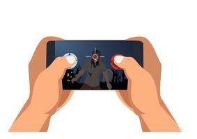 man holding smartphone and playing game killing zombies mobile gaming concept flat style cartoon vector illustration