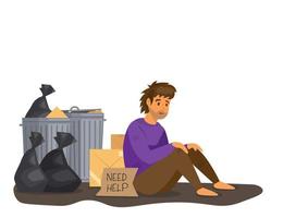 un hombre pobre y sin hogar se sienta en el suelo cerca de un bote de basura. necesita ayuda de otros seres humanos juntos ilustración de vector de dibujos animados de estilo plano