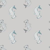 Minimalistic seamless doodle pattern with ocean hammerhead sharks ornament. Grey background. vector