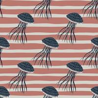 Dark pale jellyfish silhouettes seamless doodle pattern. Simple wild animalistic print with stripped maroon background. vector