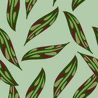 Minimalistic style seamless pattern with green and brown abstract leaves ornament. Blue bacground. vector