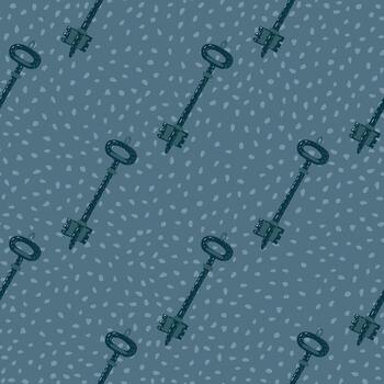 las teclas ubicadas en diagonal adornan un patrón sin costuras. impresión de seguridad de garabatos estilizados sobre fondo punteado. fondo de paleta azul. vector