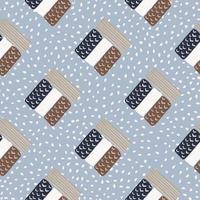 Scandinavian seamless pattern with rectangle ornament. Blue background with dots. Brown, beige, white and navy blue shapes. vector