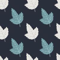 Abstract simple seamless pattern wih blue and white outline leaves. Navy blue dark background. vector