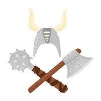 Composition helmet with flail and axe on white background. Cartoon cute in doodle style. vector